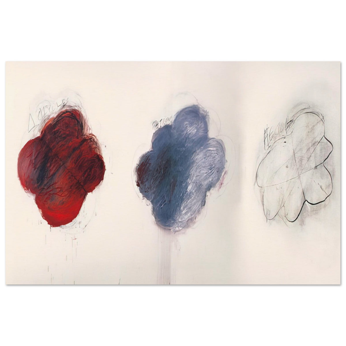 Fifty Days at Iliam: Shades of Achilles, Patroclus, and Hector by Cy Twombly poster, A0 (84.1 × 118.9 cm): three cloud-like forms arranged across a pale background: a rich red shape on the left….
