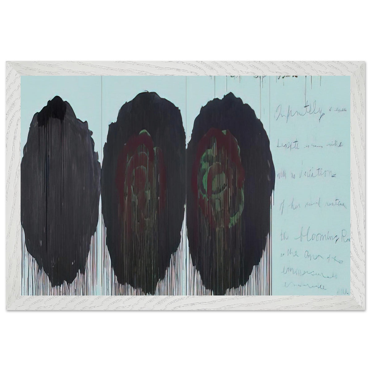 The Rose (V) by Cy Twombly framed art print; featuring three monumental rose forms in deep black, charcoal, burgundy, and dark crimson; size 30 × 45 cm (12 × 18 in); wood frame.