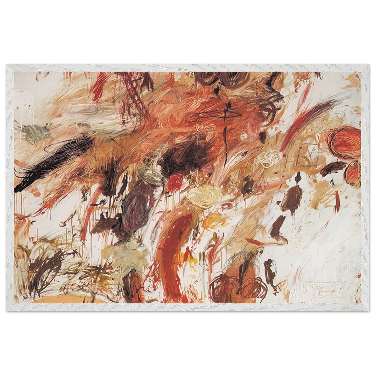 Ferragosto V by Cy Twombly framed art print; featuring energetic brushstrokes, layered pigments, and spontaneous gestures in shades of rust red, burnt orange; size 50 × 70 cm (20 × 28 in); wood frame.