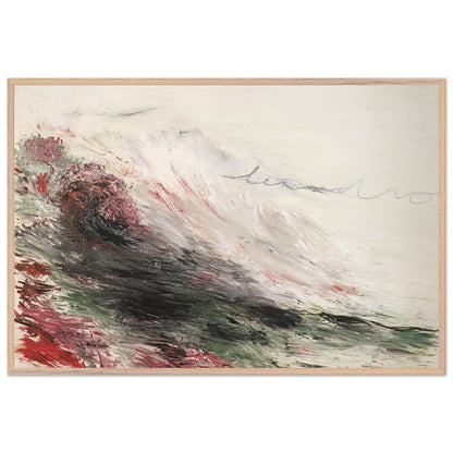 Hero and Leandro (A Painting in Four Parts) Part I by Cy Twombly framed art print; featuring sweeping white and pale gray brushstrokes, layered charcoal and black marks, subtle green tones; size 28 × 43 cm (11 × 17 in); wood frame.