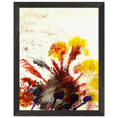 Summer Madness by Cy Twombly, framed art print, energetic red and crimson brushstrokes with bright yellow, orange, 27x35 cm (11x14 in), wood frame