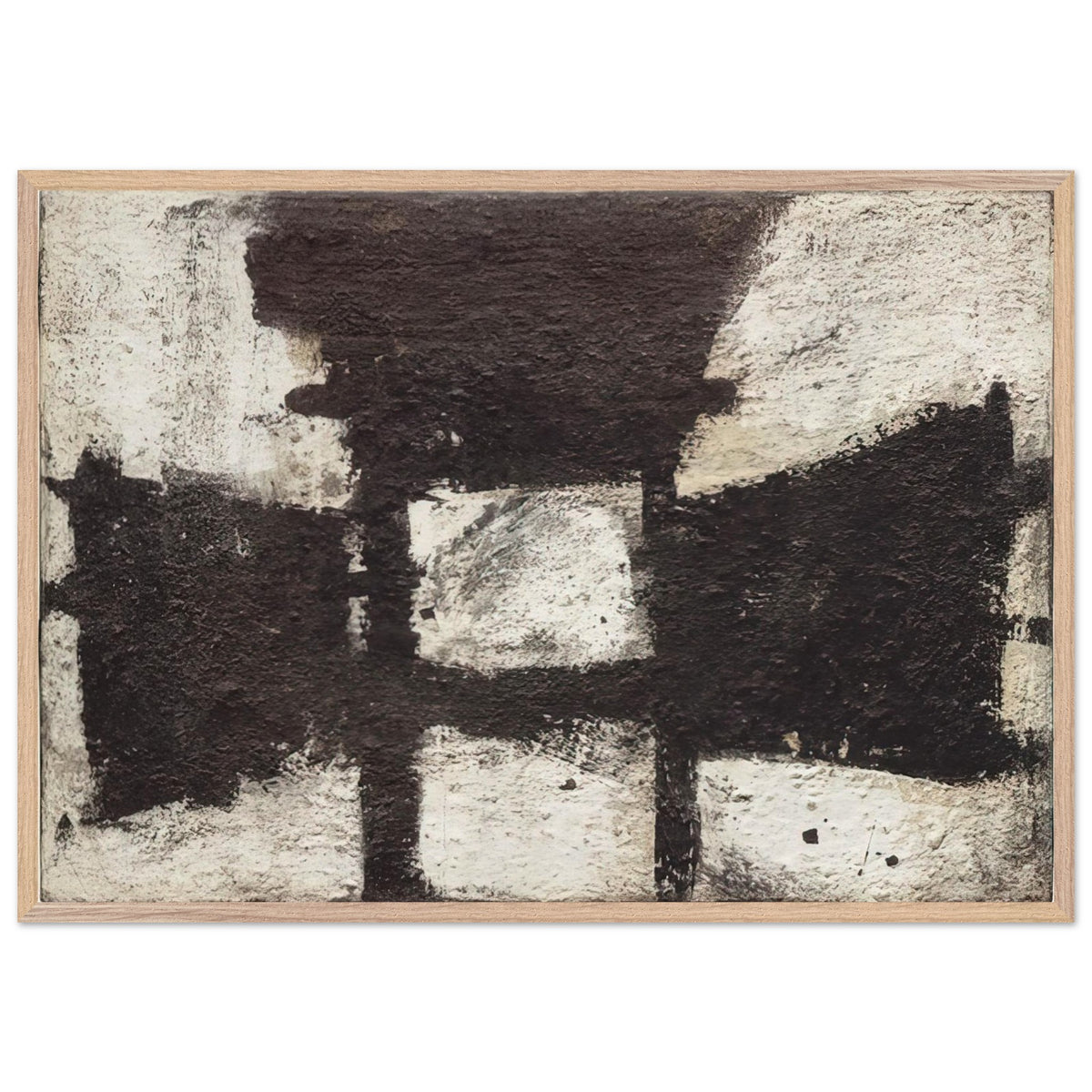 Zyig by Cy Twombly framed art print; featuring bold black and dark brown geometric forms against a textured ivory background; size 50 × 70 cm (20 × 28 in); wood frame.