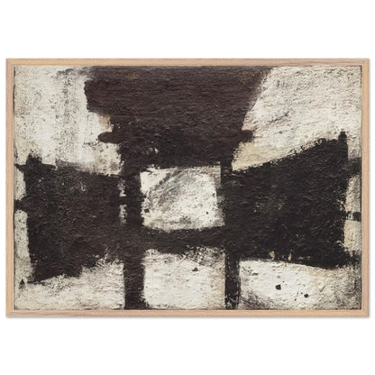 Zyig by Cy Twombly framed art print; featuring bold black and dark brown geometric forms against a textured ivory background; size 50 × 70 cm (20 × 28 in); wood frame.