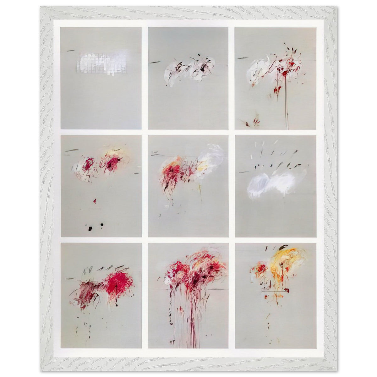 Nine Discourses on Commodus by Cy Twombly, framed art print, nine individual panels distinguished by muted gray backgrounds, 40x50 cm (16x20 in), white frame