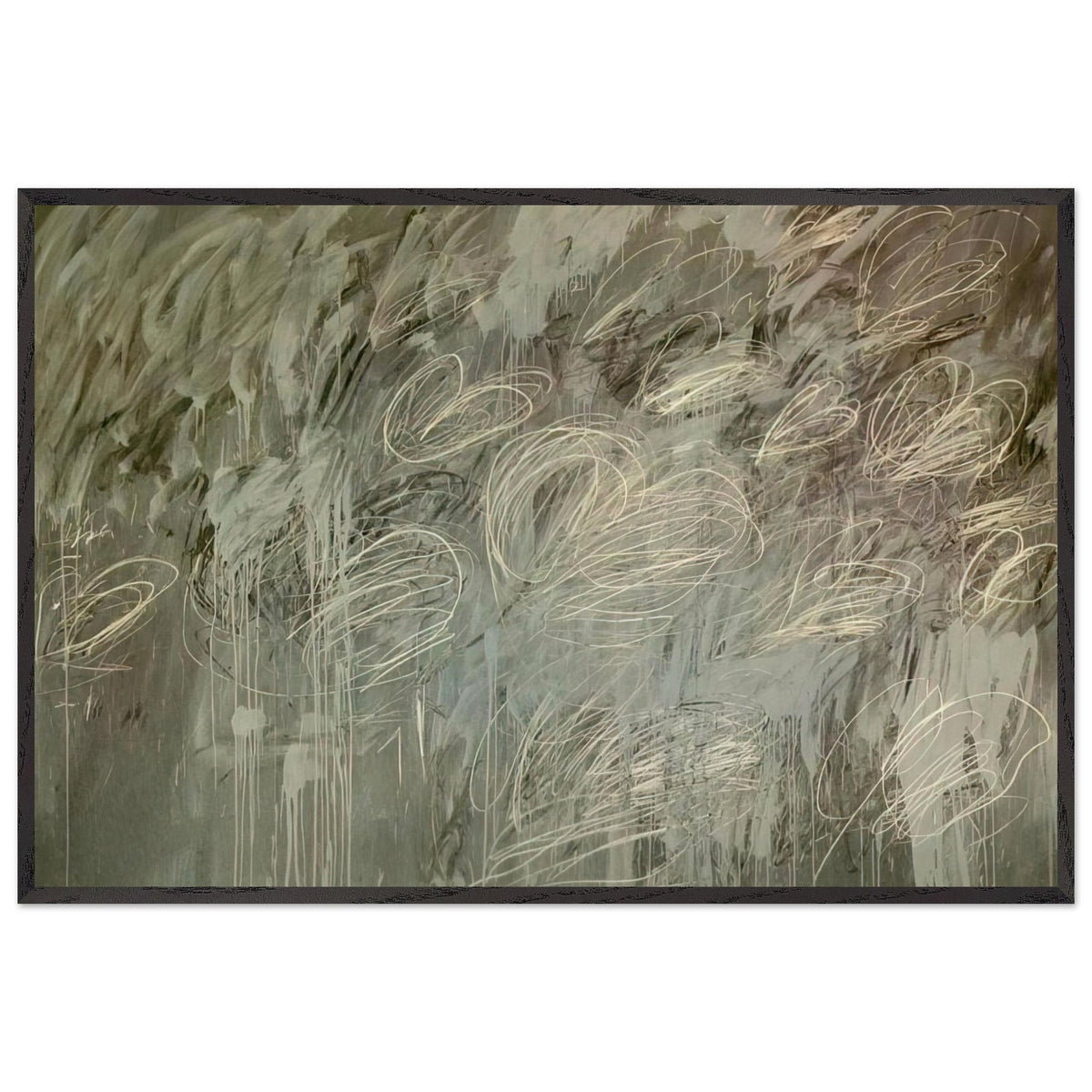 III Notes from Salalah (Note II) by Cy Twombly framed art print; featuring intricate ivory and pale gray looping lines across a richly layered background of muted olive green, gray; size A1 (59.4 × 84.1 cm); white frame.