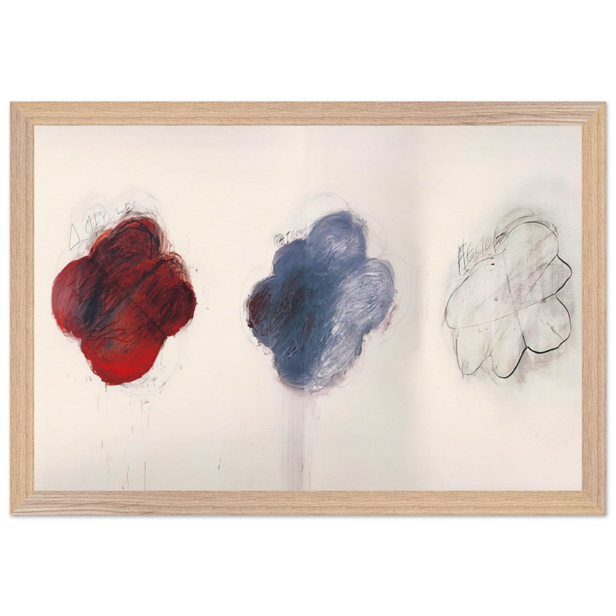 Fifty Days at Iliam: Shades of Achilles, Patroclus, and Hector by Cy Twombly framed art print; featuring three large, cloud-like forms arranged horizontally against a luminous ivory background; size 28 × 43 cm (11 × 17 in); wood frame.