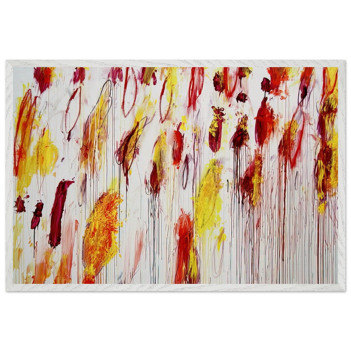 Lepanto, Part IV by Cy Twombly framed art print; featuring vivid yellow and golden-orange pigments, fiery red and crimson brushstrokes, delicate pink accents; size 30 × 45 cm (12 × 18 in); black frame.