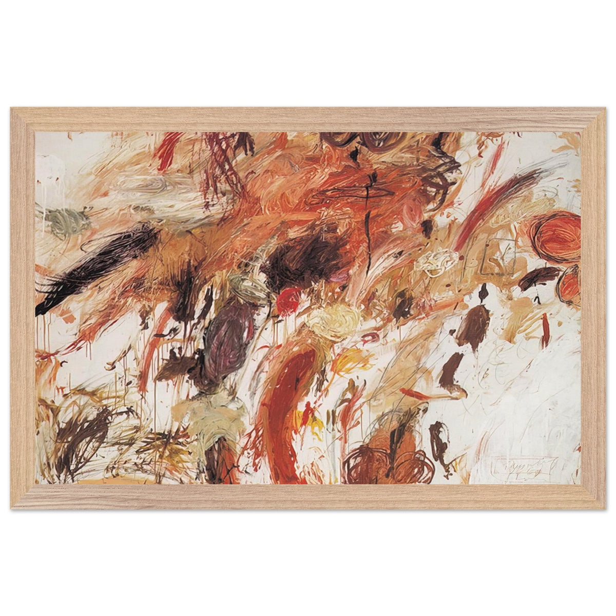 Ferragosto V by Cy Twombly framed art print; featuring energetic brushstrokes, layered pigments, and spontaneous gestures in shades of rust red, burnt orange; size 50 × 70 cm (20 × 28 in); white frame.