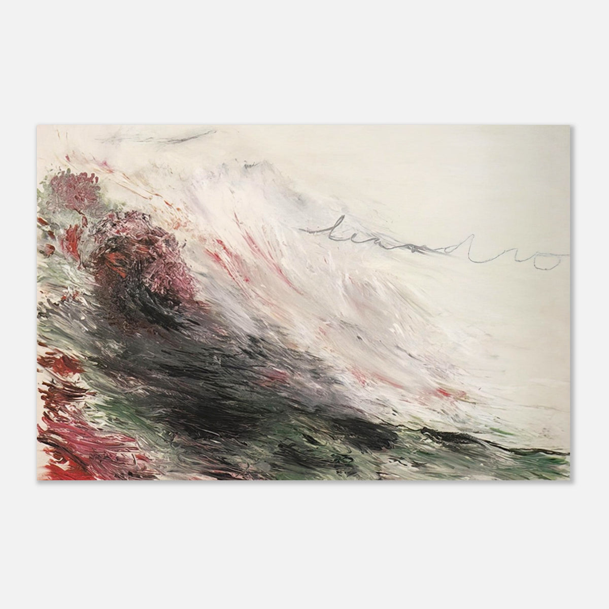 Hero and Leandro (A Painting in Four Parts) Part I by Cy Twombly poster: This atmospheric composition features sweeping brushstrokes in white, pale gray, muted pink, deep green….