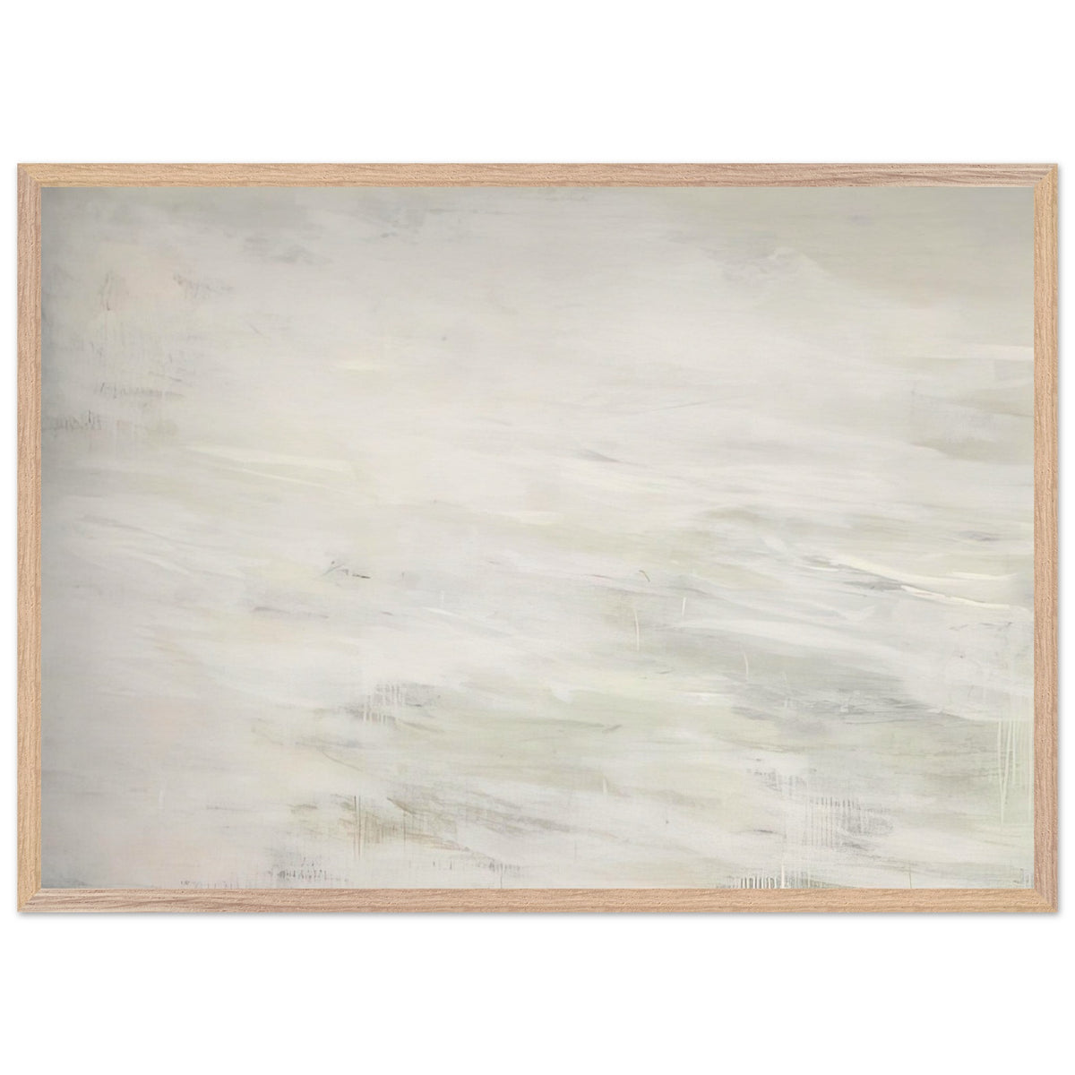 Hero and Leandro (A Painting in Four Parts) Part III by Cy Twombly framed art print; featuring expansive ivory and white tones, delicate pale gray marks, subtle beige shades; size 60 × 90 cm (24 × 36 in); white frame.
