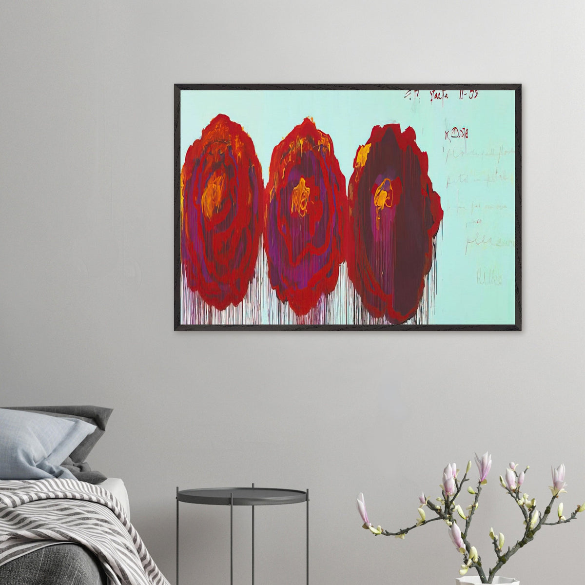 The Rose (IV) by Cy Twombly framed art print; featuring three oversized rose forms in deep crimson, fiery red, rich burgundy, and vivid violet.