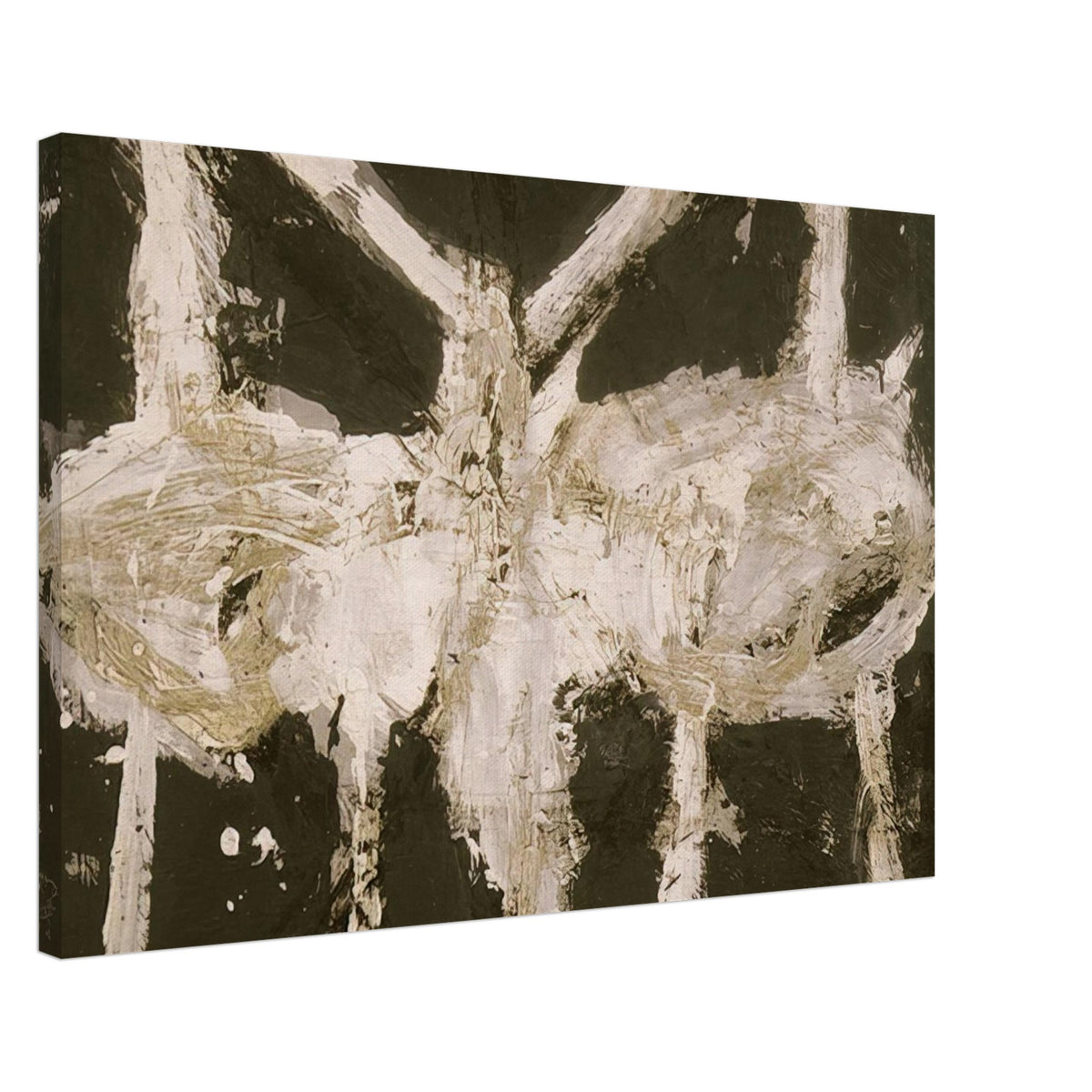 Min-Oe by Cy Twombly canvas print, 60 × 90 cm / 24 × 36 in: This striking composition features thick ivory-white brushstrokes against a deep black background….