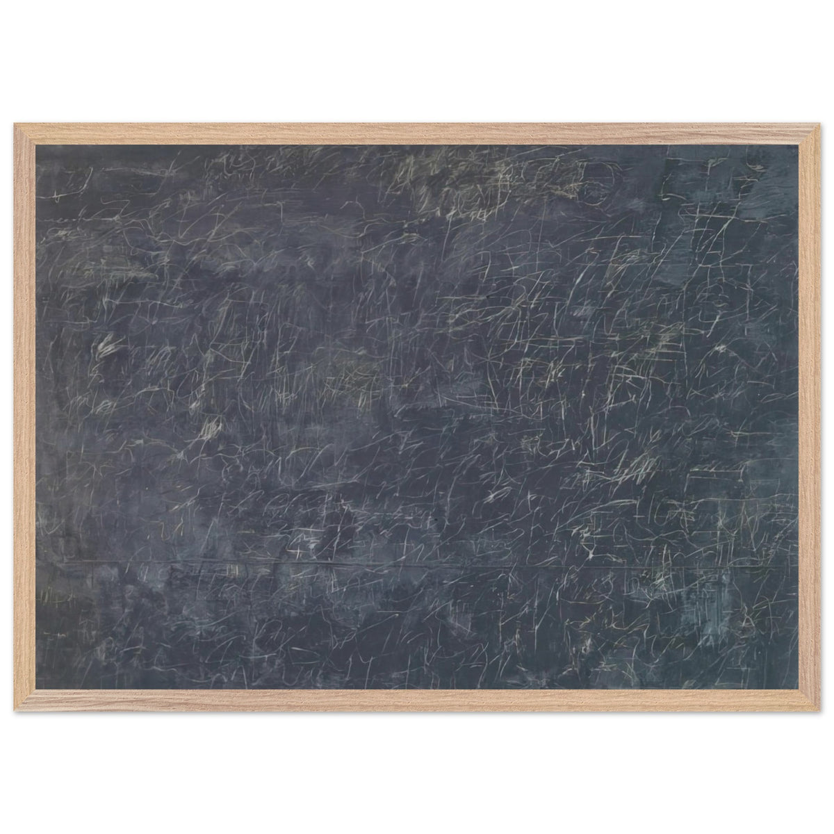 Panorama by Cy Twombly framed art print; featuring a deep charcoal-gray background covered with intricate white and pale-gray scribbles, intersecting lines; size 28 × 43 cm (11 × 17 in); black frame.