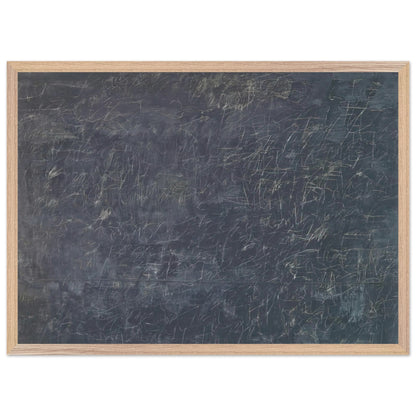 Panorama by Cy Twombly framed art print; featuring a deep charcoal-gray background covered with intricate white and pale-gray scribbles, intersecting lines; size 28 × 43 cm (11 × 17 in); black frame.