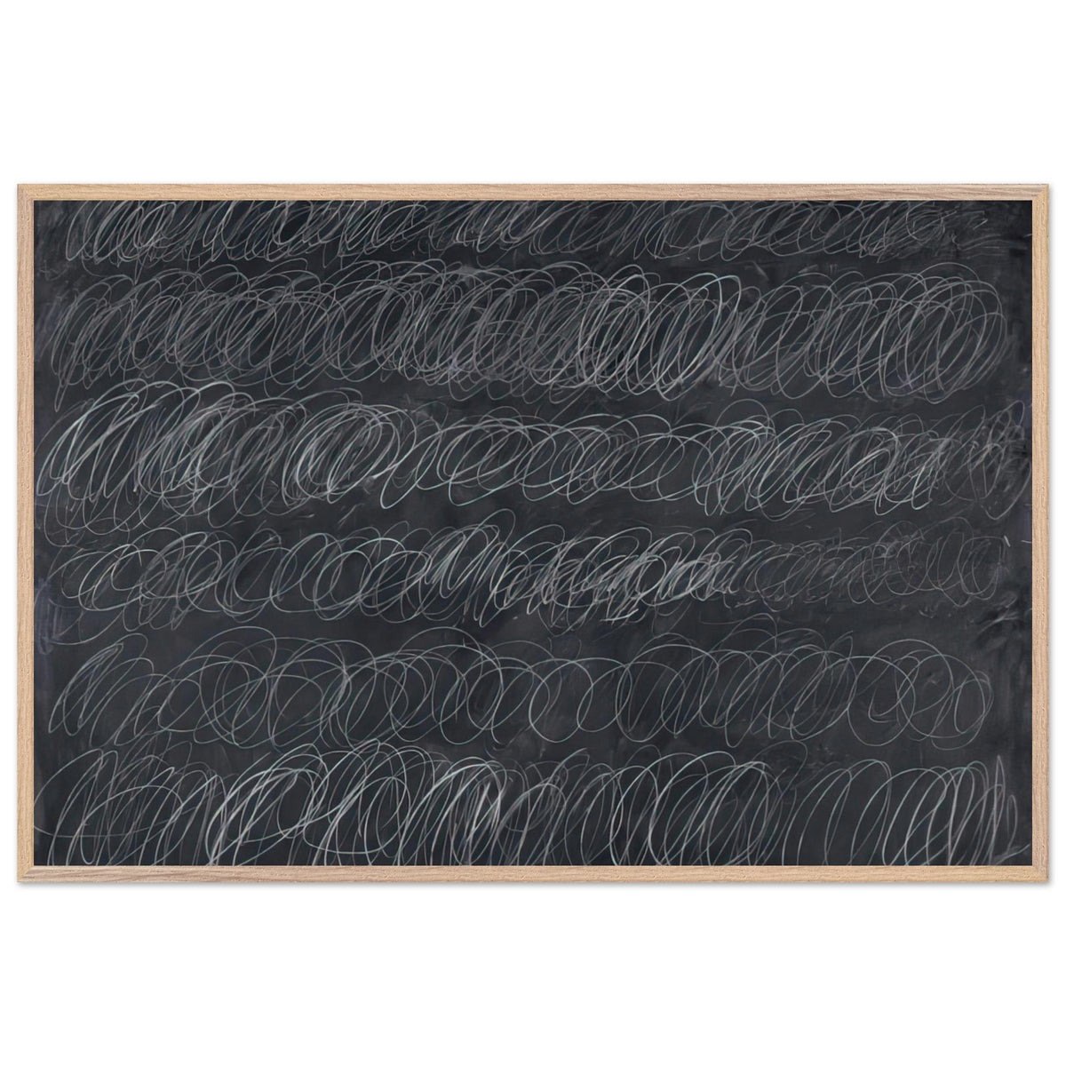 Cold Stream by Cy Twombly framed art print; featuring dense, repeating white and gray scribbled lines arranged in horizontal rows across a deep charcoal-gray; size 800 × 1200 mm (32 × 48 in); black frame.
