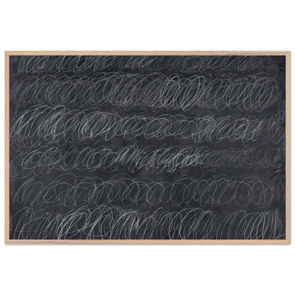 Cold Stream by Cy Twombly framed art print; featuring dense, repeating white and gray scribbled lines arranged in horizontal rows across a deep charcoal-gray; size 800 × 1200 mm (32 × 48 in); black frame.
