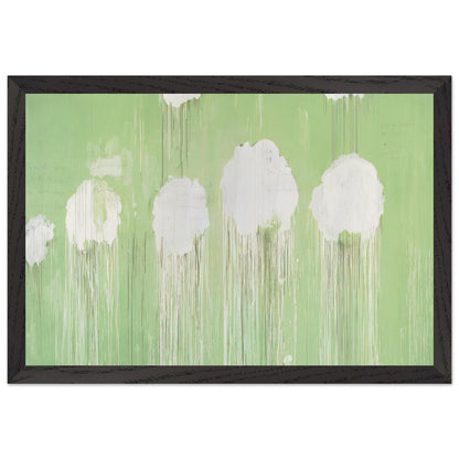 Untitled (Peony Blossom Painting) by Cy Twombly framed art print; featuring delicate white peony blossoms against a soft, luminous green background; size A1 (59.4 × 84.1 cm); white frame.