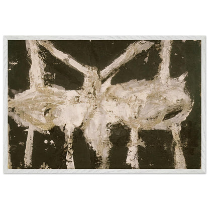 Min-Oe by Cy Twombly framed art print; featuring bold black and deep olive tones contrasted with expressive ivory and cream forms; size 60 × 90 cm (24 × 36 in); white frame.