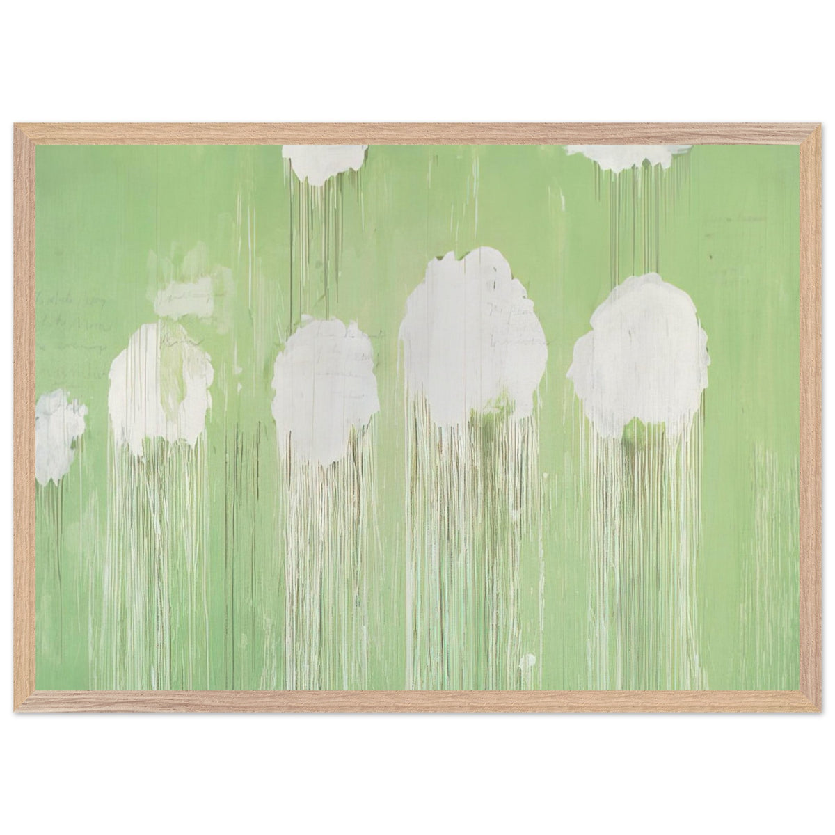Untitled (Peony Blossom Painting) by Cy Twombly framed art print; featuring delicate white peony blossoms against a soft, luminous green background; size A1 (59.4 × 84.1 cm); wood frame.