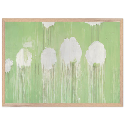 Untitled (Peony Blossom Painting) by Cy Twombly framed art print; featuring delicate white peony blossoms against a soft, luminous green background; size A1 (59.4 × 84.1 cm); wood frame.