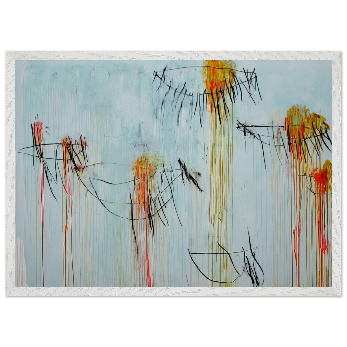 Lepanto, Part II by Cy Twombly framed art print; featuring a luminous turquoise-blue background, energetic black gestural lines, and vivid accents of yellow, orange; size 70 × 100 cm (28 × 40 in); wood frame.