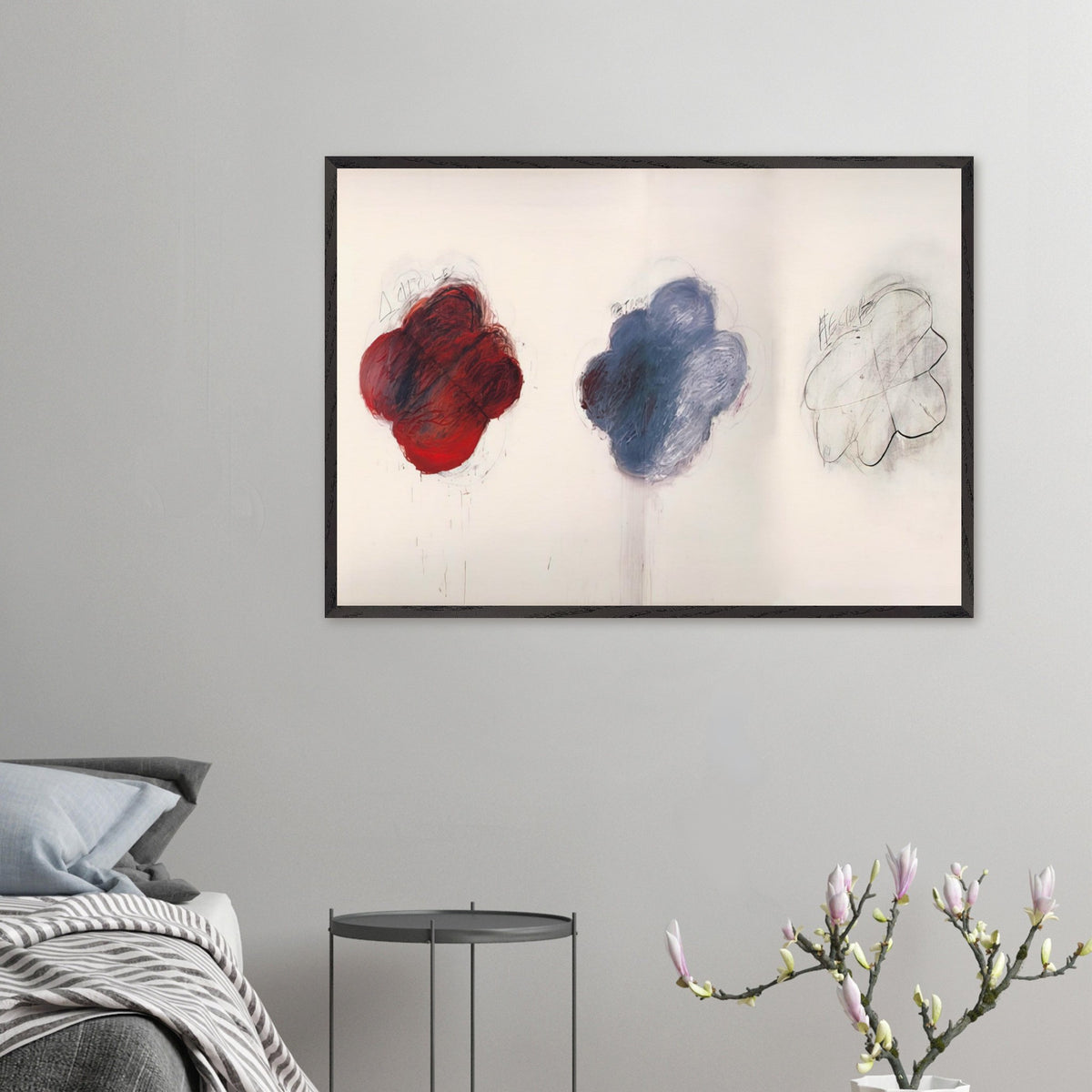 Fifty Days at Iliam: Shades of Achilles, Patroclus, and Hector by Cy Twombly framed art print; featuring three large, cloud-like forms arranged horizontally against a luminous ivory background.