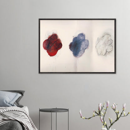 Fifty Days at Iliam: Shades of Achilles, Patroclus, and Hector by Cy Twombly framed art print; featuring three large, cloud-like forms arranged horizontally against a luminous ivory background.