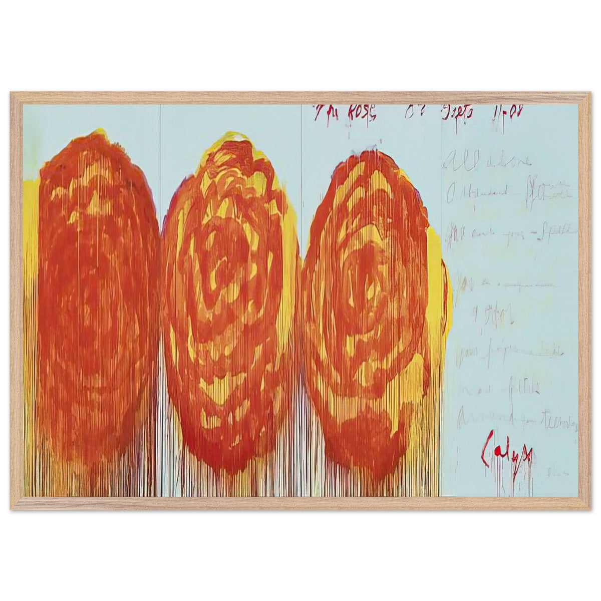 The Rose (II) by Cy Twombly framed art print; featuring three oversized rose-like forms in vibrant orange, fiery red; size 28 × 43 cm (11 × 17 in); wood frame.
