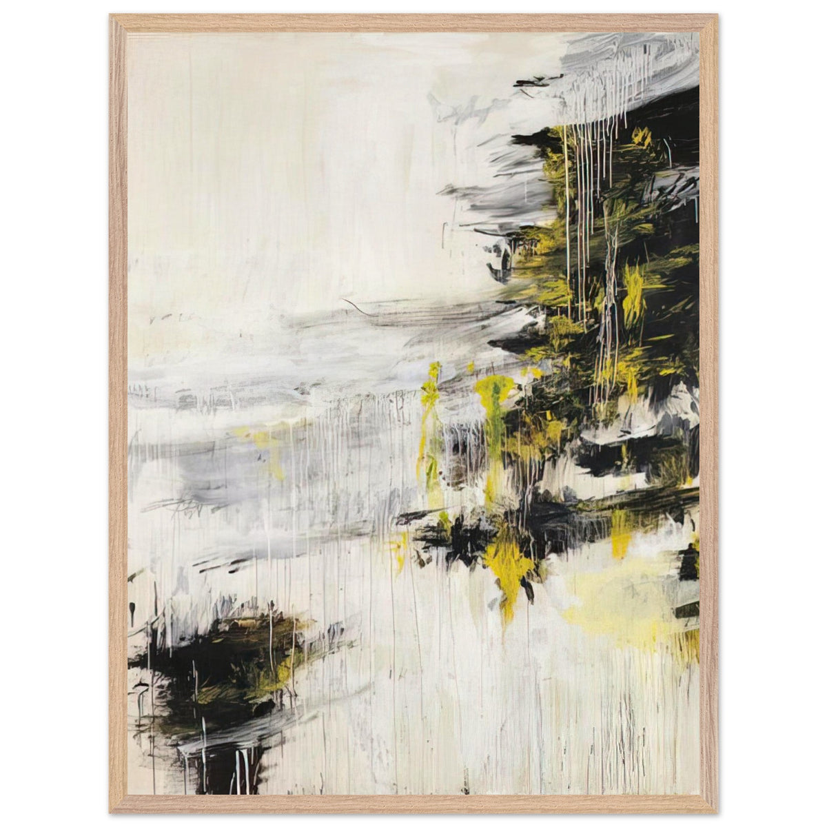 Quattro Stagioni II. Inverno by Cy Twombly, framed art print, bold black brushstrokes, flowing white and gray paint, 50x70 cm (20x28 in), wood frame