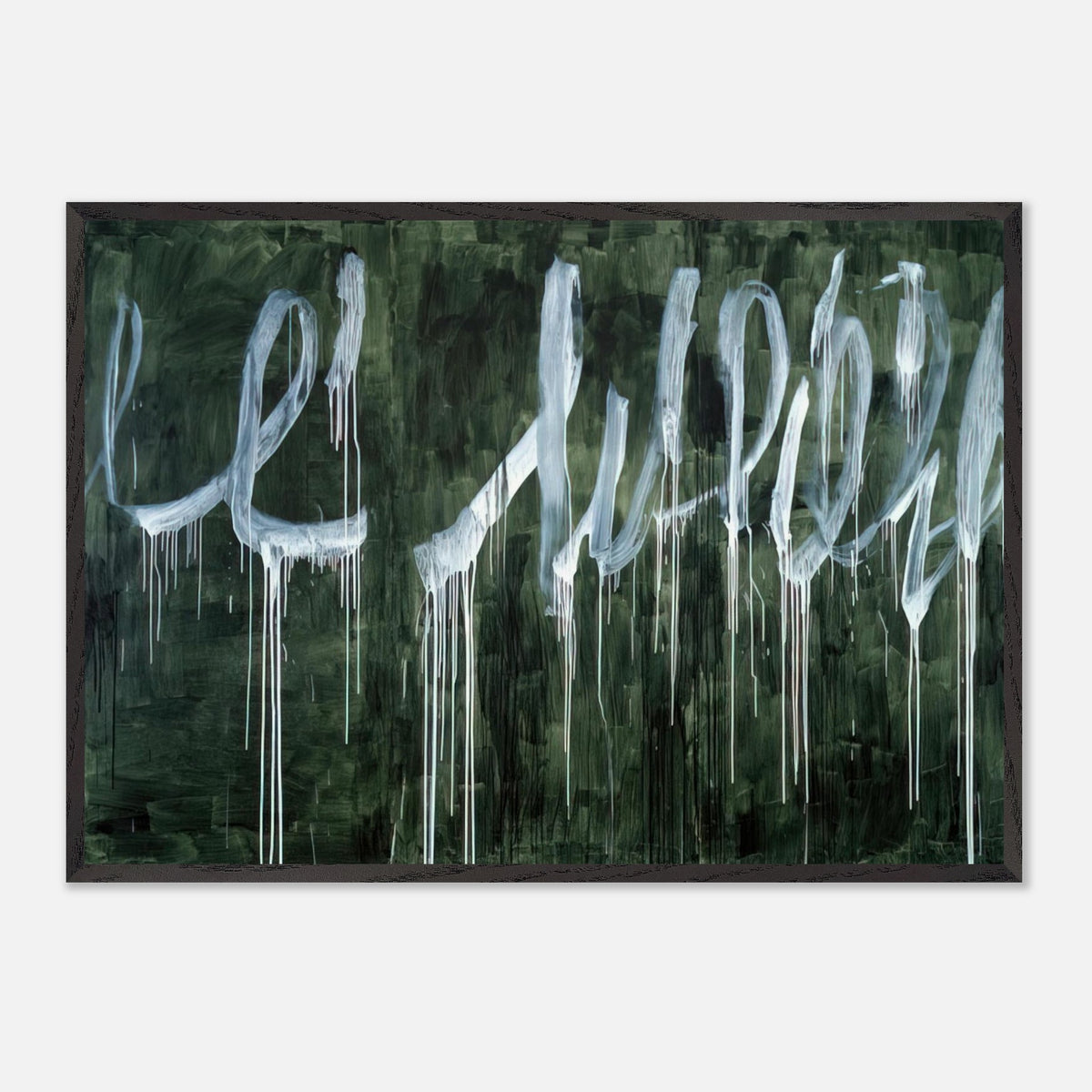 III Notes from Salalah (Note I) by Cy Twombly framed art print; featuring expressive white looping strokes and elongated paint drips against a rich, dark green background.