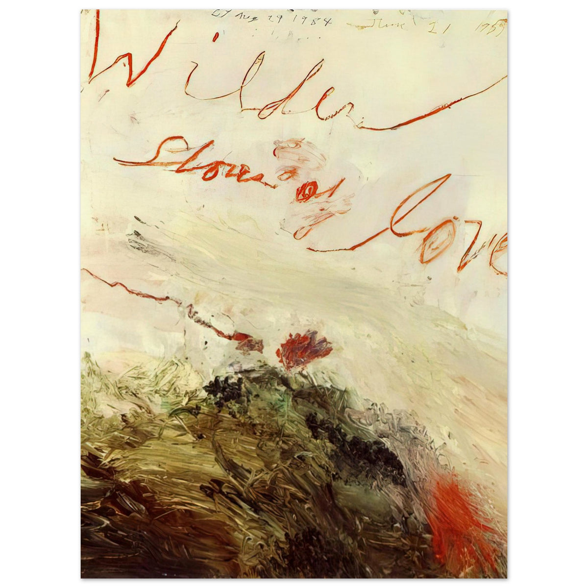 Wilder Shores of Love by Cy Twombly, poster, sweeping red and orange handwritten marks, delicate pencil lines, 75x100 cm (30x40 in)