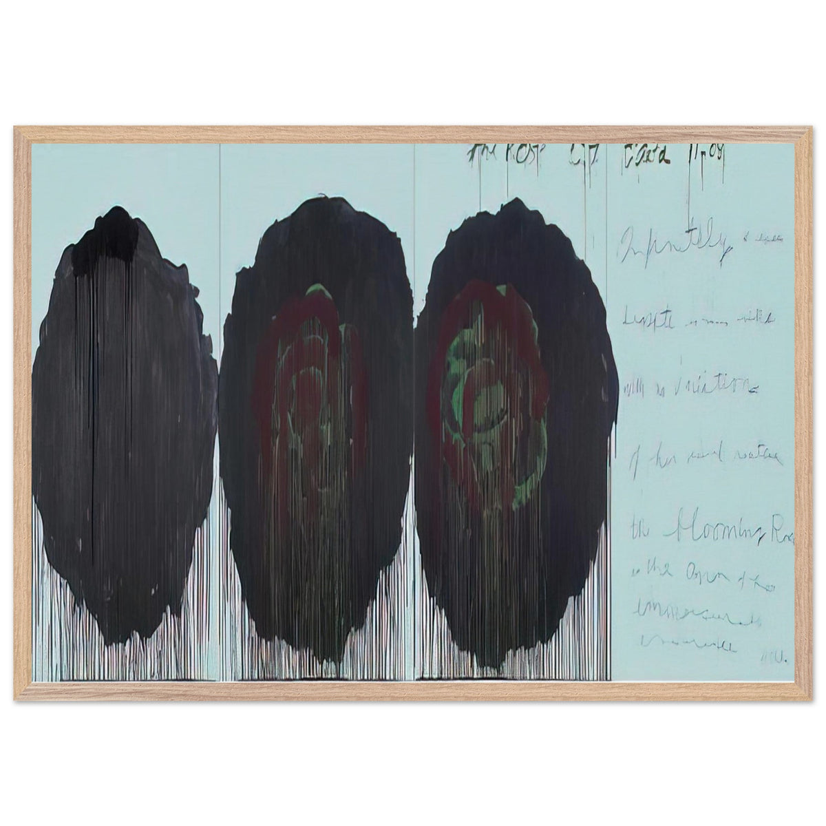 The Rose (V) by Cy Twombly framed art print; featuring three monumental rose forms in deep black, charcoal, burgundy, and dark crimson; size A1 (59.4 × 84.1 cm); wood frame.