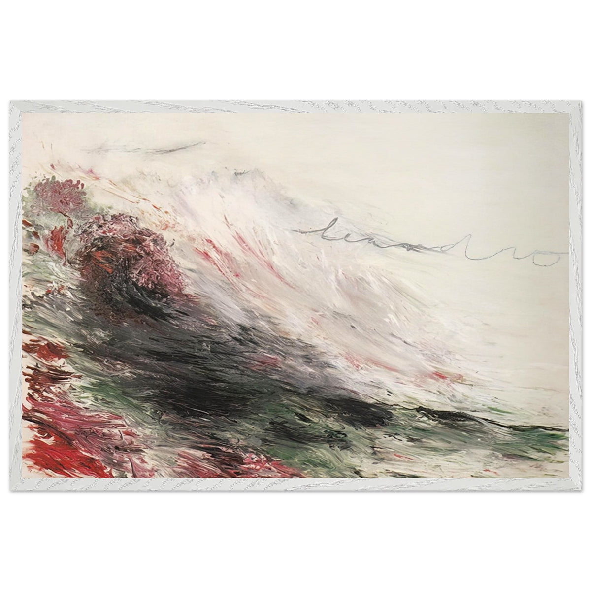 Hero and Leandro (A Painting in Four Parts) Part I by Cy Twombly framed art print; featuring sweeping white and pale gray brushstrokes, layered charcoal and black marks, subtle green tones; size 50 × 70 cm (20 × 28 in); black frame.