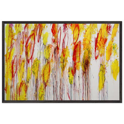 Lepanto, Part I by Cy Twombly framed art print; featuring vivid yellow and golden-orange brushstrokes, fiery red accents, delicate pink marks; size 70 × 100 cm (28 × 40 in); black frame.
