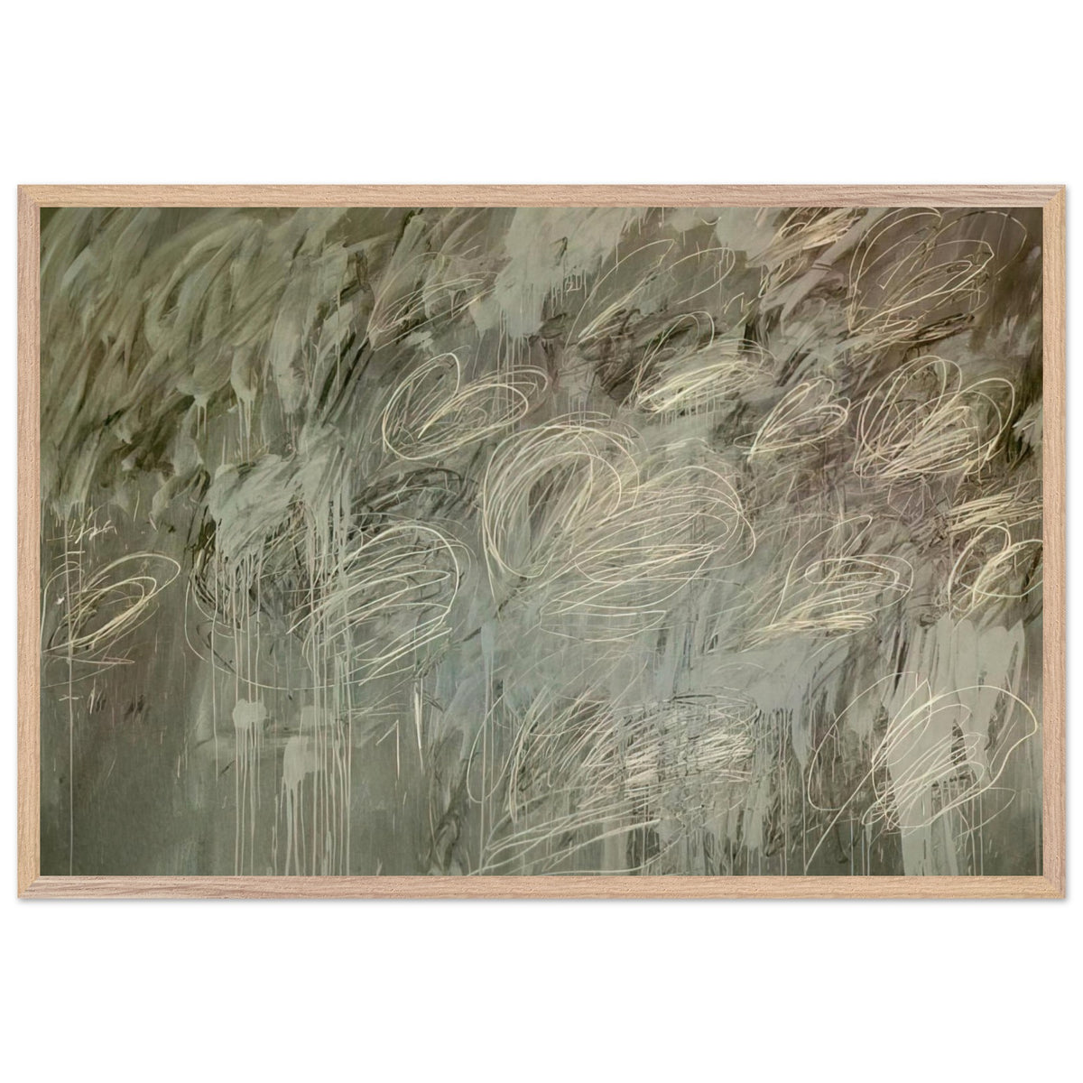 III Notes from Salalah (Note II) by Cy Twombly framed art print; featuring intricate ivory and pale gray looping lines across a richly layered background of muted olive green, gray; size 70 × 100 cm (28 × 40 in); black frame.
