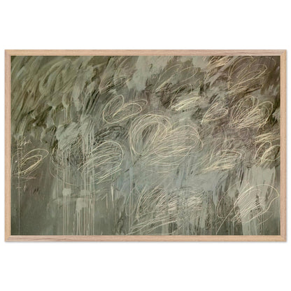 III Notes from Salalah (Note II) by Cy Twombly framed art print; featuring intricate ivory and pale gray looping lines across a richly layered background of muted olive green, gray; size 70 × 100 cm (28 × 40 in); black frame.