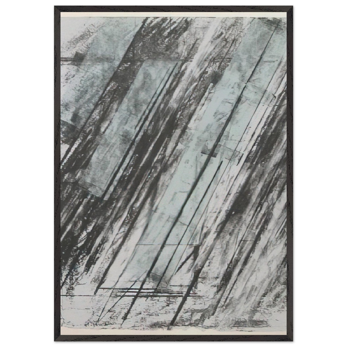 Untitled (Bastian 38) by Cy Twombly, framed art print, powerful diagonal strokes, layered black and gray marks, 27x35 cm (11x14 in), white frame