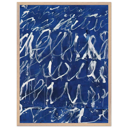 Untitled by Cy Twombly, framed art print, deep blue ground covered with energetic white brushstrokes, looping, 60x80 cm (24x32 in), wood frame