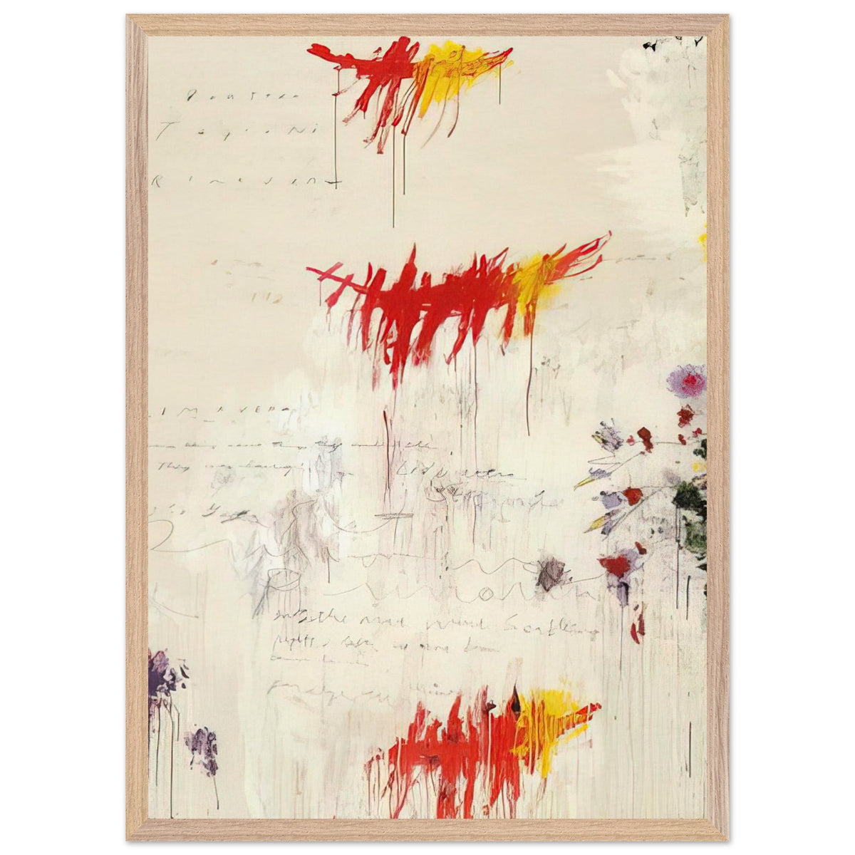Quattro Stagioni I. Primavera by Cy Twombly, framed art print, energetic red and yellow brushstrokes, subtle purple and green details, 60x80 cm (24x32 in), wood frame