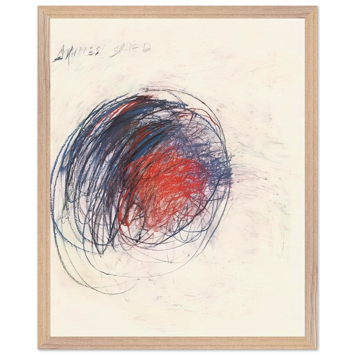 Fifty Days at Iliam: Shield of Achilles by Cy Twombly, framed art print, 60x80 cm / 24x32″, White frame; intricate black lines, expressive red strokes, deep blue accents