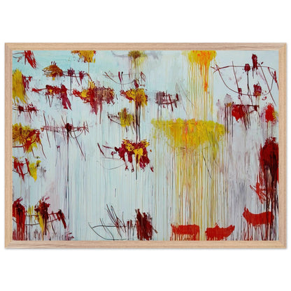 Lepanto, Part X by Cy Twombly framed art print; featuring a luminous pale blue and turquoise background, vivid golden-yellow brushstrokes; size A1 (59.4 × 84.1 cm); black frame.