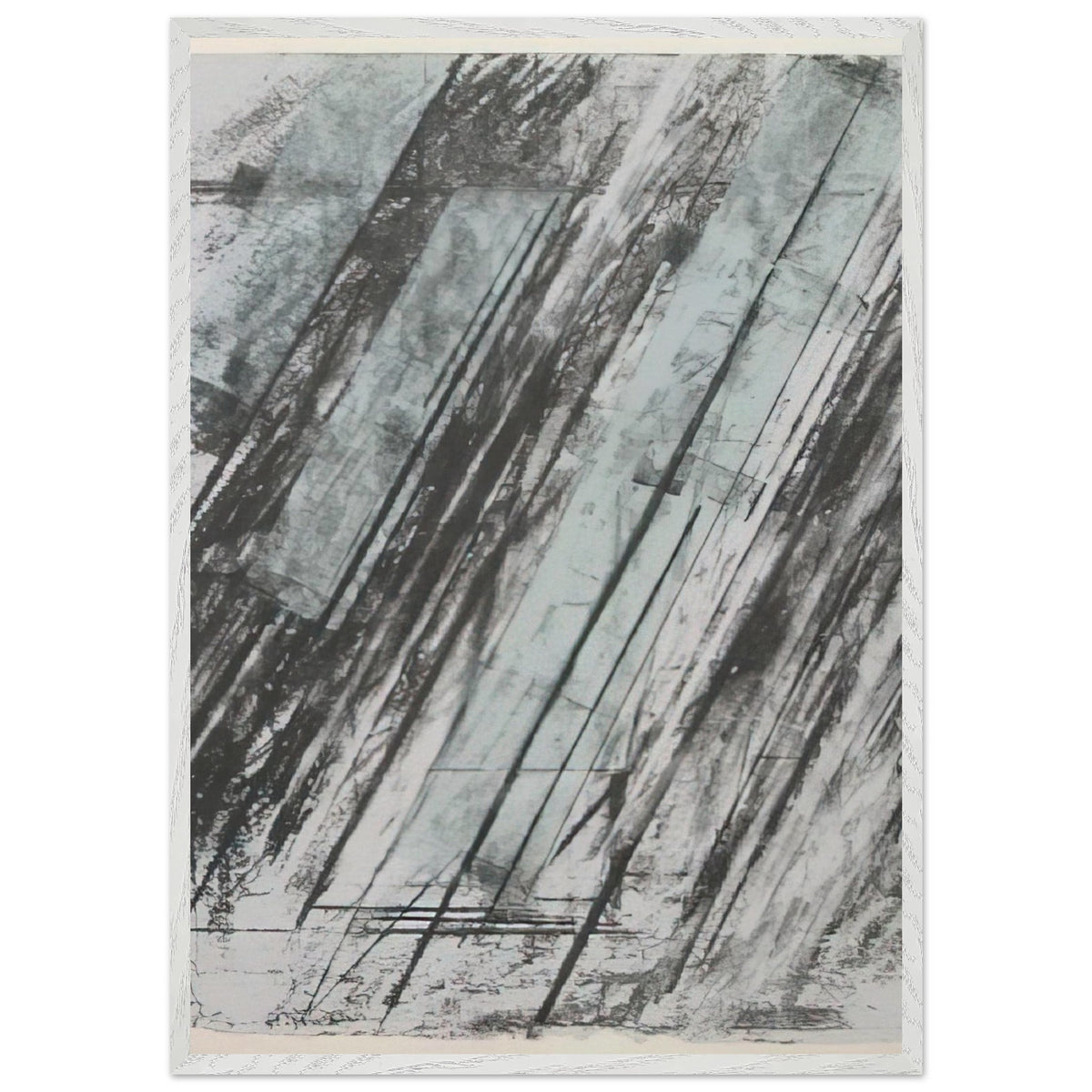 Untitled (Bastian 38) by Cy Twombly, framed art print, powerful diagonal strokes, layered black and gray marks, 60x80 cm (24x32 in), wood frame