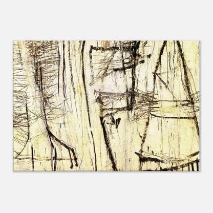 Tiznit by Cy Twombly canvas print: a warm ivory background layered with intricate black lines, angular gestures, crosshatched marks….