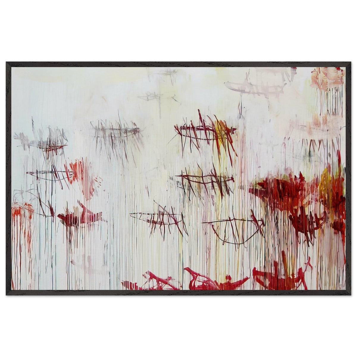 Lepanto, Part IX by Cy Twombly framed art print; featuring a luminous pale blue and ivory background, energetic crimson and burgundy marks, delicate yellow accents; size A1 (59.4 × 84.1 cm); white frame.