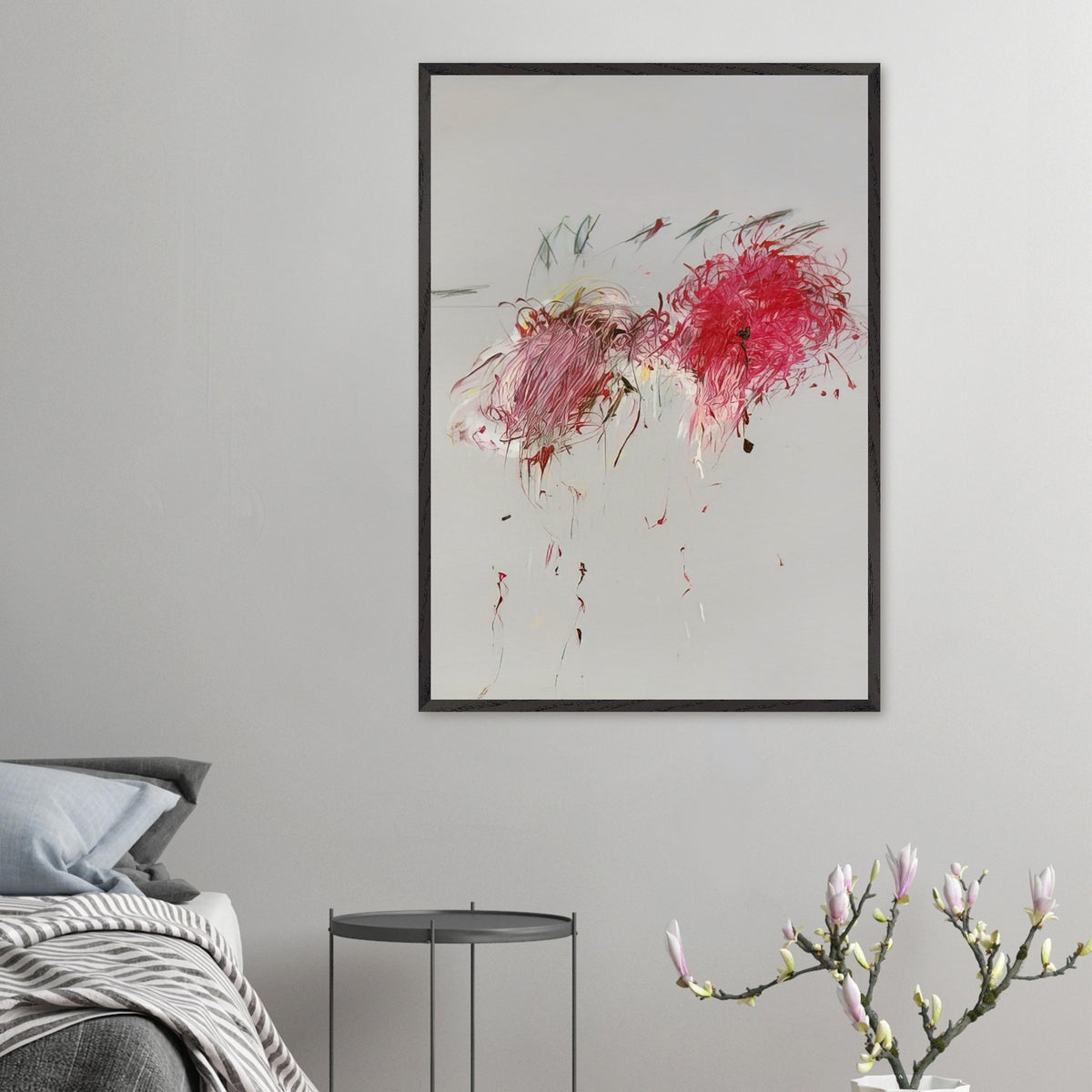Nicola's Irises by Cy Twombly, framed art print; sweeping red and crimson brushstrokes, delicate pink accents, cool blue details, and dark gestural lines against a pale background