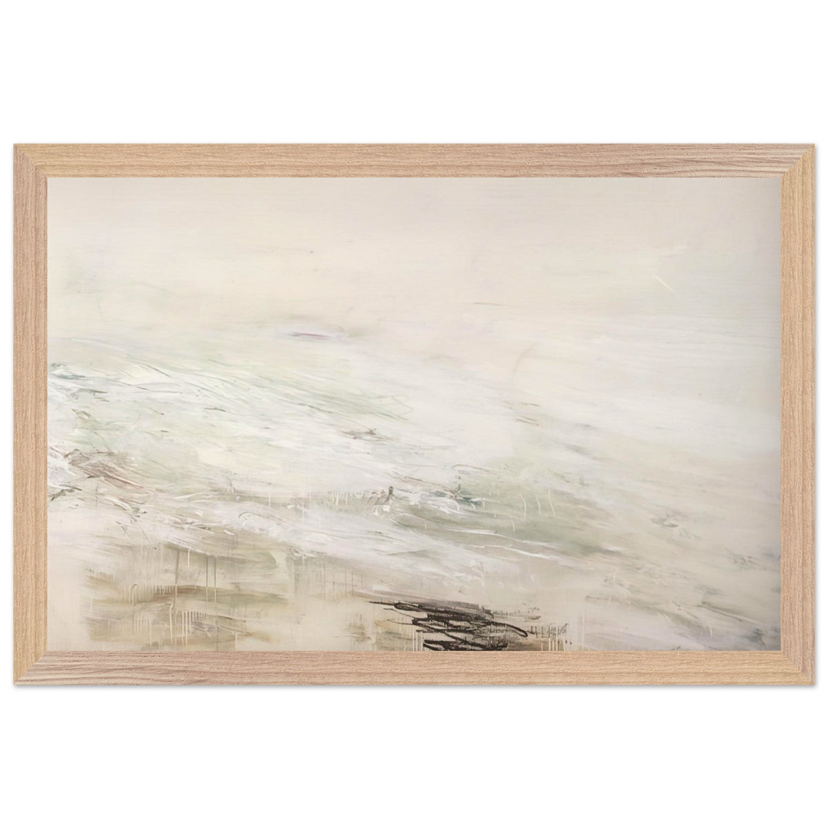 Hero and Leandro (A Painting in Four Parts) Part II by Cy Twombly framed art print; featuring expansive white and ivory tones, delicate gray marks, subtle beige and pale green hues; size 30 × 45 cm (12 × 18 in); white frame.