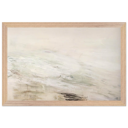 Hero and Leandro (A Painting in Four Parts) Part II by Cy Twombly framed art print; featuring expansive white and ivory tones, delicate gray marks, subtle beige and pale green hues; size 30 × 45 cm (12 × 18 in); white frame.