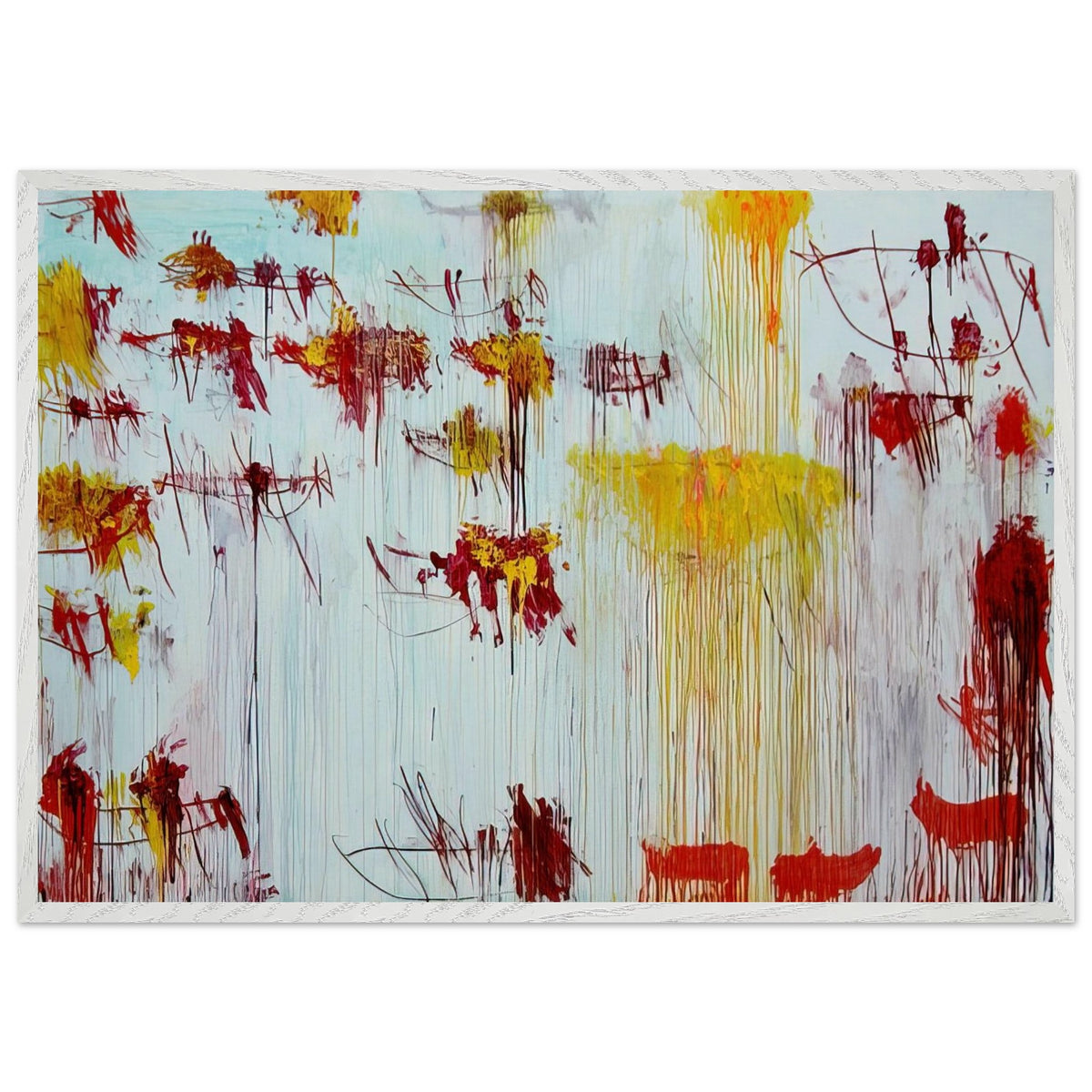 Lepanto, Part X by Cy Twombly framed art print; featuring a luminous pale blue and turquoise background, vivid golden-yellow brushstrokes; size 70 × 100 cm (28 × 40 in); black frame.
