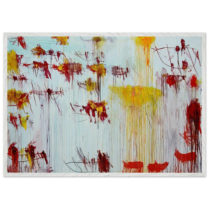 Lepanto, Part X by Cy Twombly framed art print; featuring a luminous pale blue and turquoise background, vivid golden-yellow brushstrokes; size 70 × 100 cm (28 × 40 in); black frame.