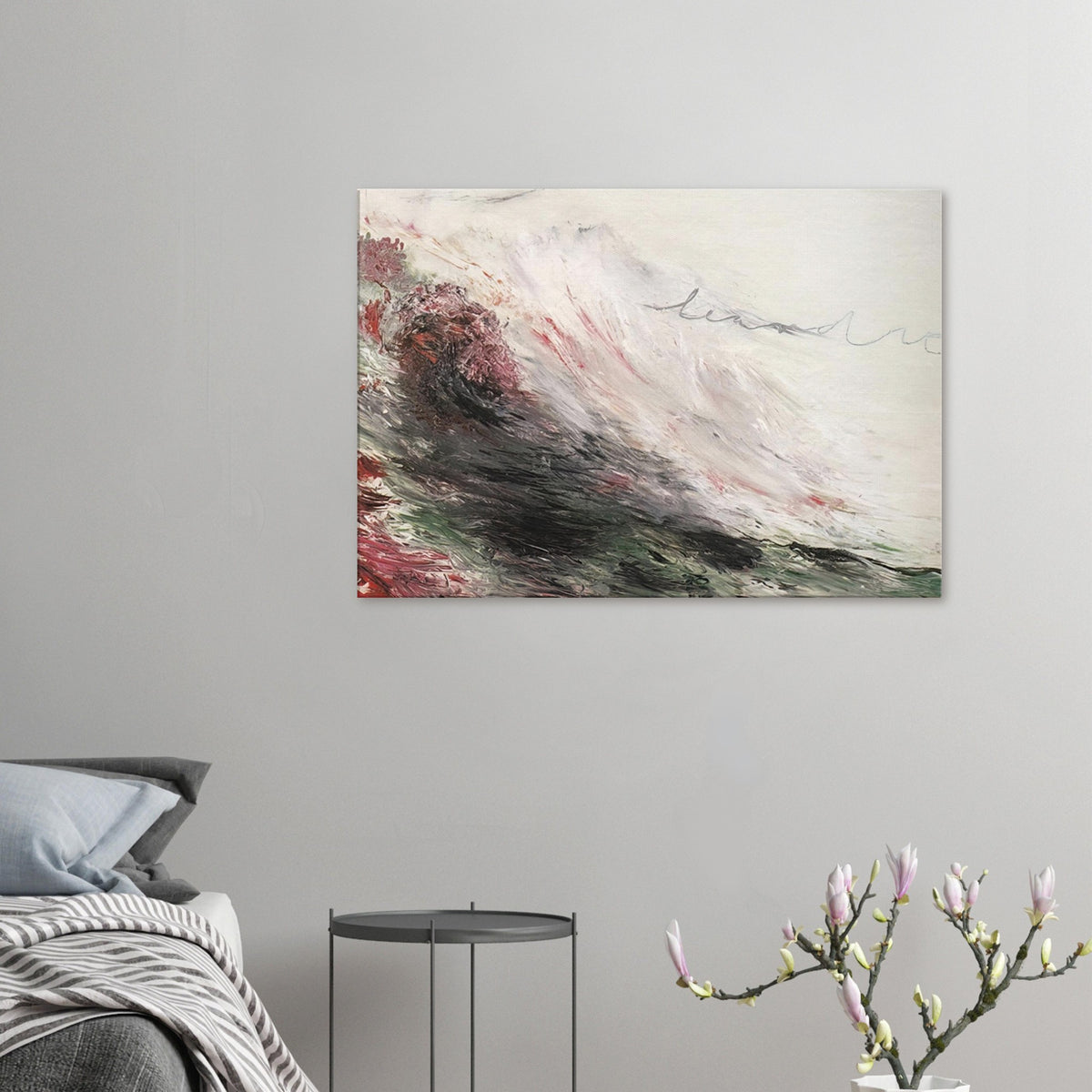 Hero and Leandro (A Painting in Four Parts) Part I by Cy Twombly canvas print: sweeping white and gray strokes with muted pink, deep green, charcoal, and earthy red tones.